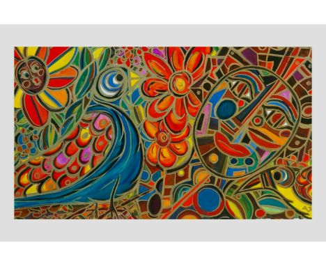 Amanda Hughes, "The talking bird", framed watercolour and gold ink on 350g watercolour paper, 90 x 60cm, 2020. Seductive abst