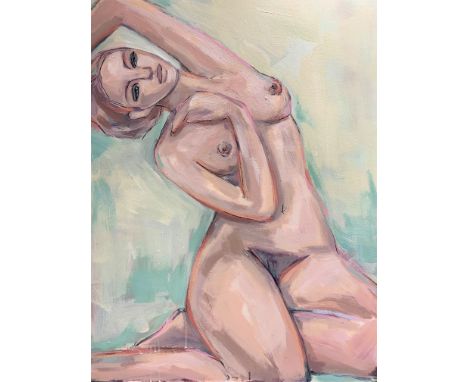 Silvia Schuergers, "Dreamer", unframed acrylic on carboard, 90 x 80cm, 2021. This nude is the depiction of a young woman, fin