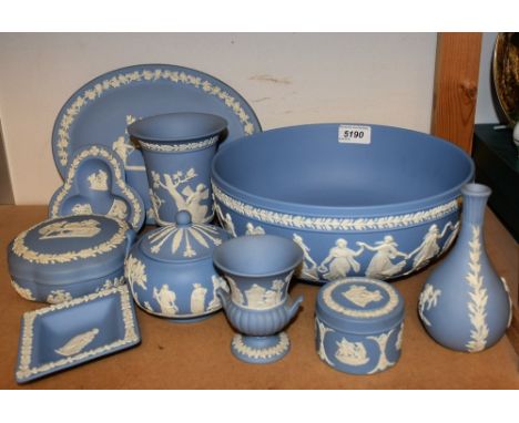 A Wedgwood Jasperware fruit bowl, oval plaque, powder bowl and cover, miniature vases, three trinket dishes (10)