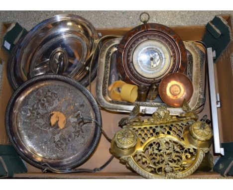 A brass desk stand; pens with 14ct gold nib and others; Chadburns barometer; silver plate; etc.