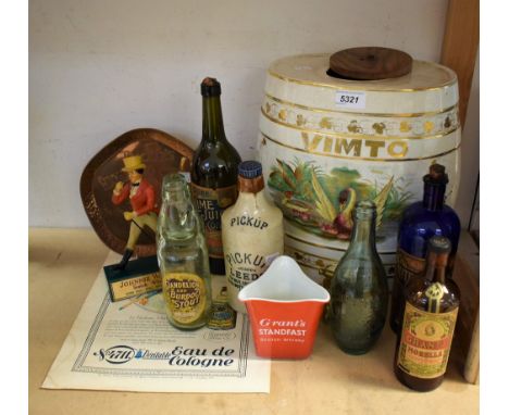 Advertising - an early 20th century ceramic Vimto bar barrel; a 1960's Johnnie Walker figure; a Teacher's Highland Cream copp