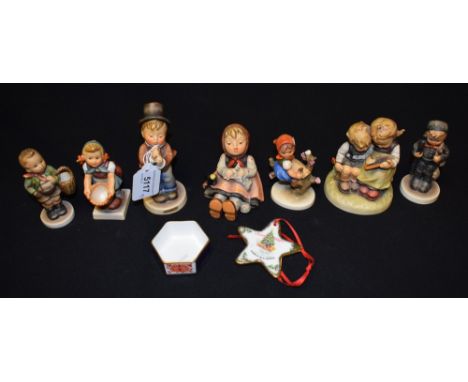 Ceramics - a Hummel Goebel figure, Blackboard; others, Serenade, Chimney Sweep, Knitting, etc.; Royal Crown Derby pin dish; e