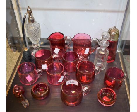 Glassware - early 20th century cranberry glass punch glasses; others, jugs, table salts, etc; a Marcel Franck atomiser