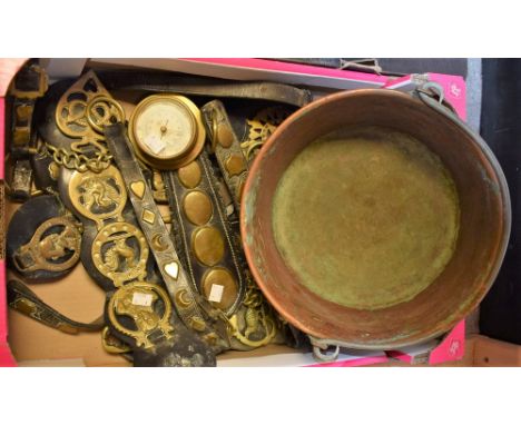 A set of early 20th century horse brasses on leather; others similar,  on black leather straps, c.1915; a later brass baromet