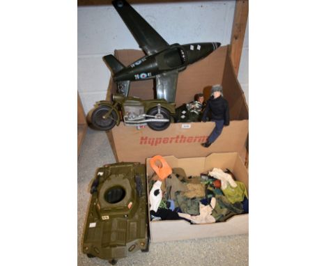 Action Man - a fixed eye doll; another; vehicles including Scorpion tank; armoured car; motorbike and sidecar; uniforms; weap