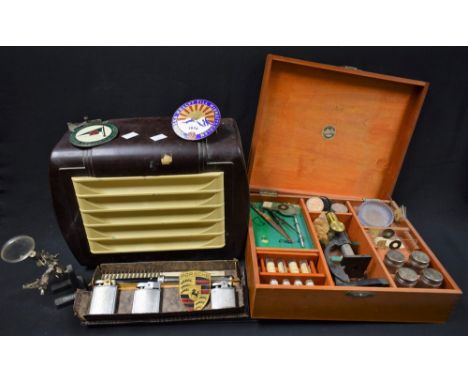 Boxes & Objects - an Art Deco picture frame;  speaker;  pocket lighters;  badges, etc 