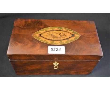  A George III mahogany rectangular tea caddy, the hinged cover inlaid with lozenge shaped patera with musical instruments, sh