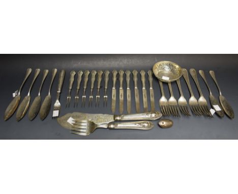 A George V Adam Revival silver bonbon dish, hallmarked; a set of six silver hafted patisserie forks and knives, hallmarked; C