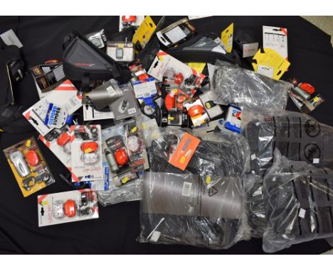 Cycling - accessories including cyclocomputers, lighting sets, cable locks, trunk bags, frame bags, etc, ex-shop stock, qty