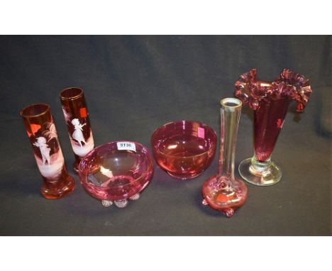 Glassware - a pair of Victorian Mary Gregory type cranberry glass spill vases; a cranberry glass frill topped vase; a silver 