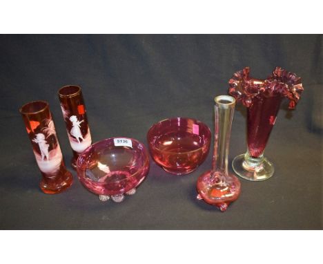 Glassware - a pair of Victorian Mary Gregory type cranberry glass spill vases; a cranberry glass frill topped vase; a silver 