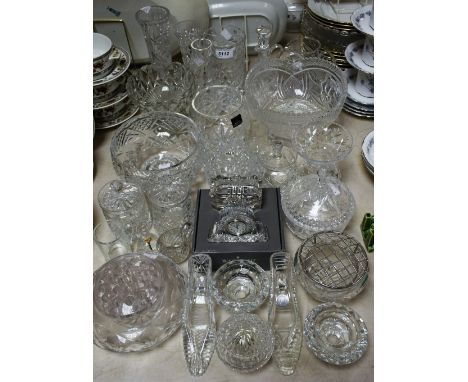 Glassware - a Waterford crystal glass clock;  a fruit bowl, others, Vases, oil bottle, jug, trinket bowl and cover, glass sho