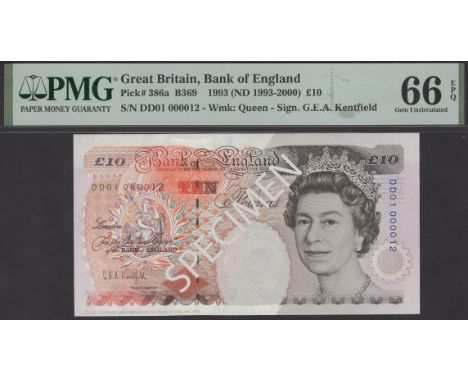 Bank of England, Graham E. A. Kentfield, £10, 22 November 1993, serial number DD01 000012, in PMG holder 66 EPQ, gem uncircul