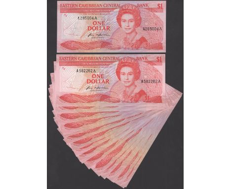 Eastern Caribbean Central Bank, $1 (20), ND (1987), all with prefix A, Suffix A (8), Suffix D (2), Suffix G, Suffix K (7), Ja