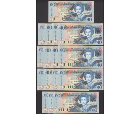 Eastern Caribbean Central Bank, $10 (16), ND (2004), serial number suffixes A (2), G (2), K (2) and M (10, mainly consecutive