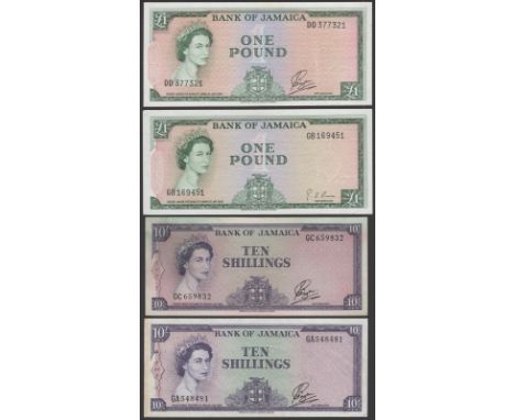 Bank of Jamaica, 10 Shillings (2) 1960, prefixes GA and GC, Payton signature, also £1 (2), 1960, prefixes DD and GB, mounting
