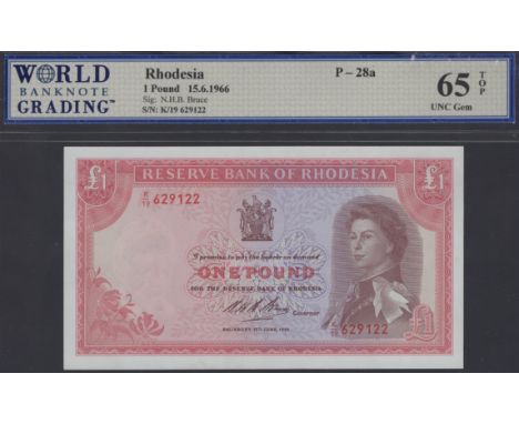 Reserve Bank of Rhodesia, £1, 15 June 1966, serial number K/19 629122, in WBG holder 65 TOP, gem uncirculated, scarce in this
