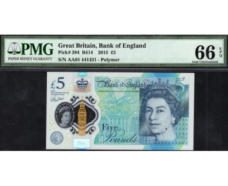 Bank of England, Victoria Cleland, £5, September 2016, serial number AA01 441431, in PMG holder 66 EPQ, gem uncirculated, fir