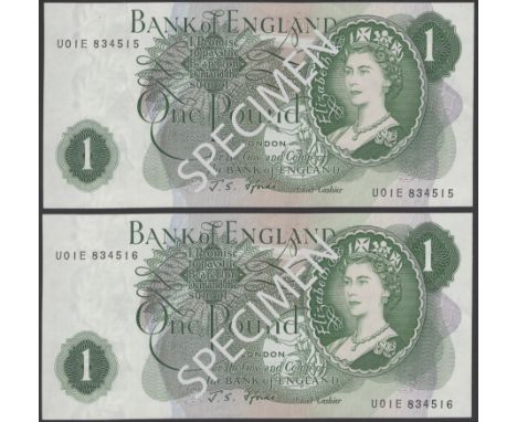 Bank of England, John S. Fforde, £1 (2), 15 February 1967, consecutive serial numbers U01E 834515-16, light handling, overall