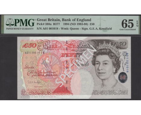 Bank of England, Graham E. A. Kentfield, £50, 20 April 1994, serial number A01 001018, in PMG holder 65 EPQ, gem uncirculated