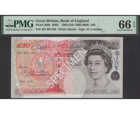 Bank of England, Merlyn V. Lowther, £50, 1999, serial number J01 001169, in PMG holder 66 EPQ, gem uncirculated, a scarce fir