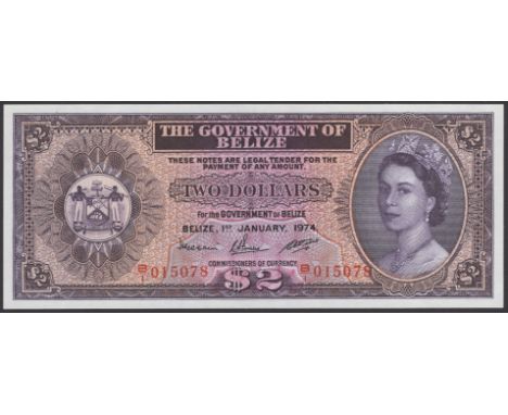 Government of Belize, $2, 1 January 1974, serial number B/1 015078, uncirculated, the first date for this issue  TBB B102a, P