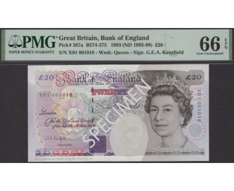 Bank of England, Graham E. A. Kentfield, £20, 27 September 1993, serial number X01 001018, in PMG holder 66 EPQ, gem uncircul