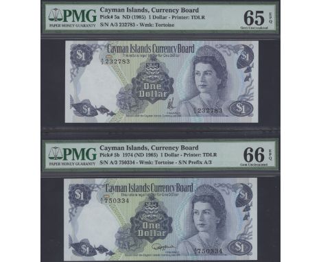 Cayman Islands Currency Board, $1, (6) 1974 (1981), prefixes A/3 (2), A/4, A/5, A/6 and A/7, first Johnson signature, others 