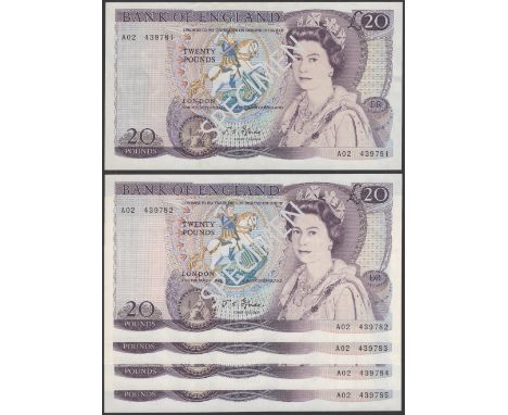 Bank of England, John S. Fforde, £20 (5), 9 July 1970, consecutive serial numbers A02 439781-85, light handling, about uncirc