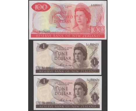 Reserve Bank of New Zealand, $100, ND (1967), serial number G 106160, Fleming signature, also $1 (2), ND (1968), serial numbe