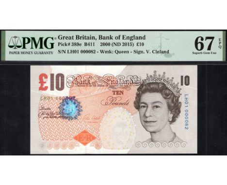 Bank of England, Victoria Cleland, £10, 3 March 2015, serial number LH01 000082, in PMG holder 67 EPQ, superb gem uncirculate