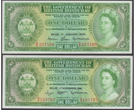 Government of British Honduras, $1 (2), 1 November 1961, serial number G/4 125797, Porcher, Cottrell and Melhado signatures a
