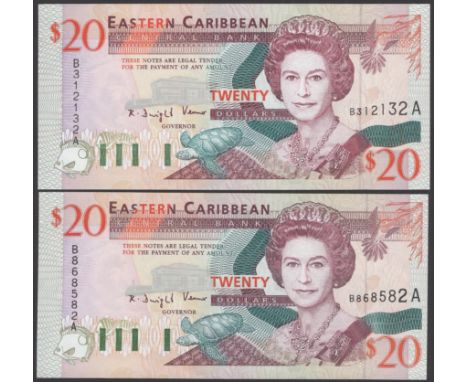 Eastern Caribbean Central Bank, $20 (2), ND (1994), serial numbers B868582A and B312132A, Venner signature, first about uncir
