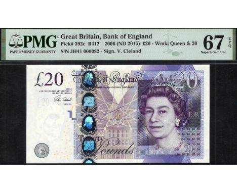 Bank of England, Victoria Cleland, £20, 3 March 2015, serial number JH41 000082, in PMG holder 67 EPQ, superb gem uncirculate