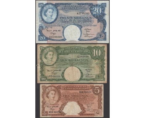 East African Currency Board, 5, 10 and 20 Shillings, 1962-1963, prefixes H18, J15 and K22, Adu signature at left, first two f