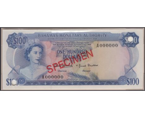 Bahamas Monetary Authority, specimens for  $1/2, $1, $3, $5, $10, $20, $50 and $100, 1969, all serial number 000000, in prese