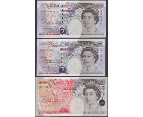 Bank of England, Graham E. A. Kentfield, £20 (2), 1991 and 1993, serial numbers E01 500388 and BE98 000933, also £50, 1994, s