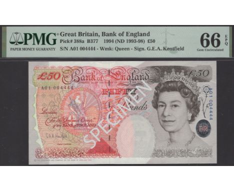 Bank of England, Graham E. A. Kentfield, £50, 20 April 1994, serial number A01 004444, in PMG holder 66 EPQ, gem uncirculated