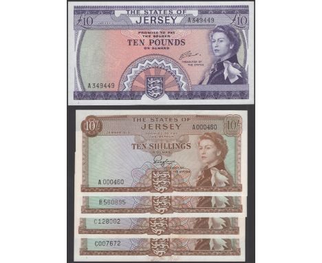 States of Jersey, 10 Shillings (4), 1963, first serial number A000460, balance B and C  (2) prefixes, Padgham signature, also