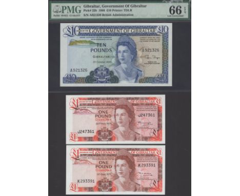 Government of Gibraltar, £1 (2), 1975 and 1979, serial numbers J247361 and K293391, also £10, 1986, serial number A921326, fi