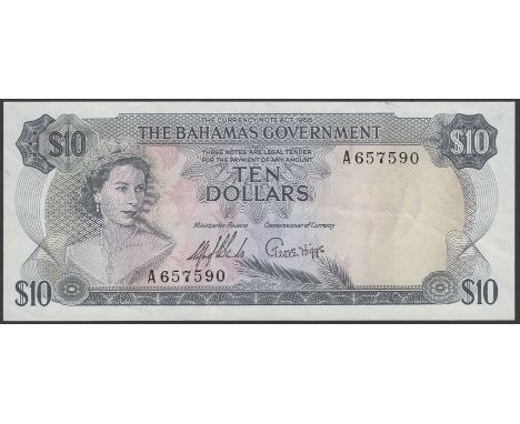Bahamas Government, $10, 1965, serial number A 657590, Sands and Higgs signatures, light handling, about uncirculated TBB B12