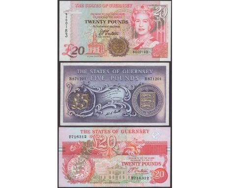 States of Guernsey, £20, ND (1996), serial number B000183, also £20, ND (1990), serial number B716312, both Trestain signatur