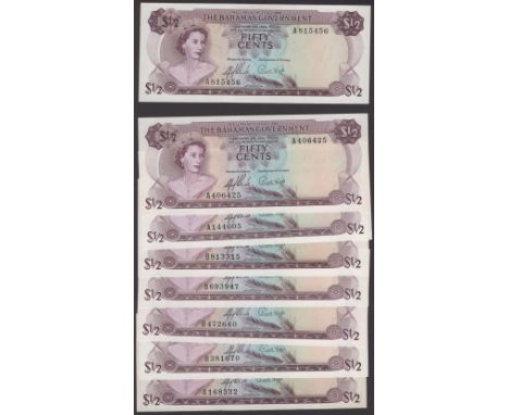 Bahamas Government, $1/2 (8), 1965, prefixes A (4) and B (4), Sands and Higgs signatures, one example with a light bend in lo