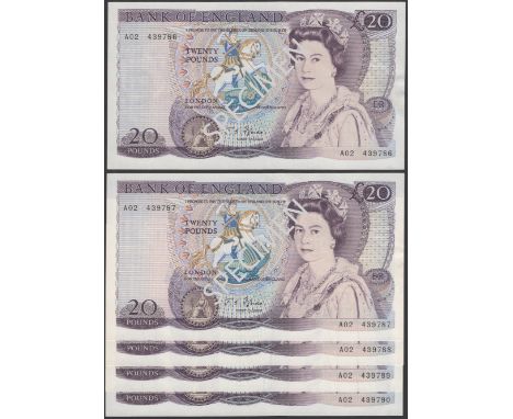 Bank of England, John S. Fforde, £20 (5), 9 July 1970, consecutive serial numbers A02 439786-90, light handling, about uncirc