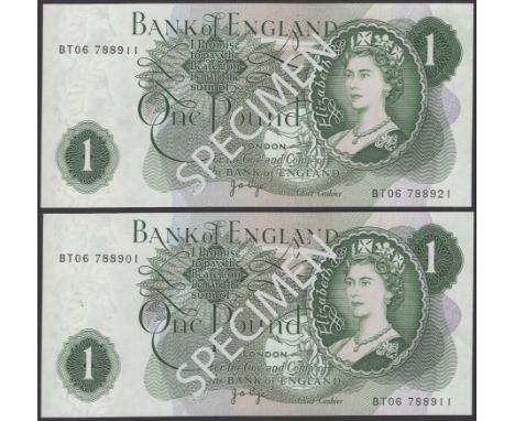 ERROR: Bank of England, John B. Page, £1 (2), 1970, mismatched serial numbers BT06 788901/788911 and BT06 788911/788921, ligh