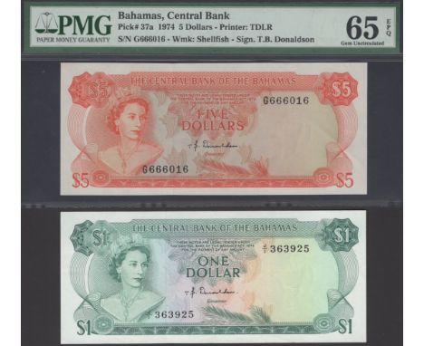 Central Bank of the Bahamas, $1 and $5, 1974, prefixes J/1 and G, both Donaldson signature, first extremely fine, second in P