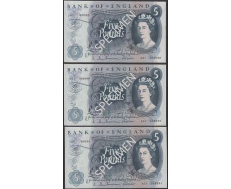 Bank of England, Jasper Q. Hollom, £5 (3), 21 February 1963, serial numbers  A01 108589-91, uncirculated and a rare trio of c