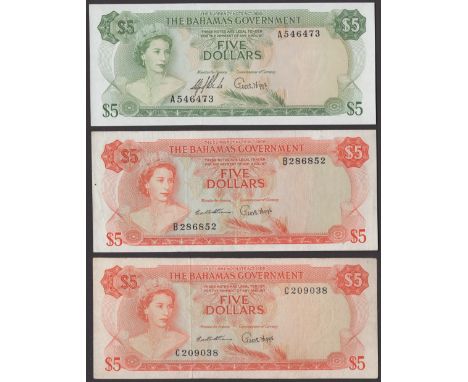 Bahamas Government, $5, 1965, serial number A546473, green, Sands and Higgs signatures, $5 (2), 1965, serial numbers B286852 