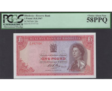 Reserve Bank of Rhodesia, £1, 18 August 1967, serial number K/20 957106, Bruce signature, in PMG holder 58 PPQ, choice about 