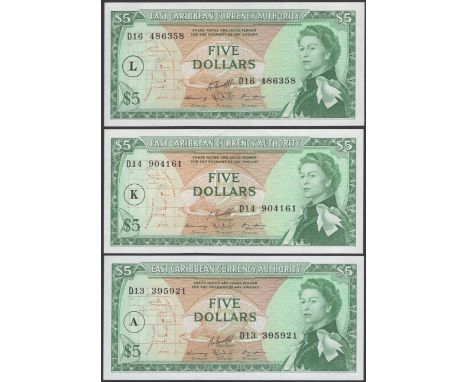 East Caribbean Currency Authority, $5 (3), 1974, prefixes D13, A overprint, D14, K prefix, D16, L overprint, Cummings, LeBlan
